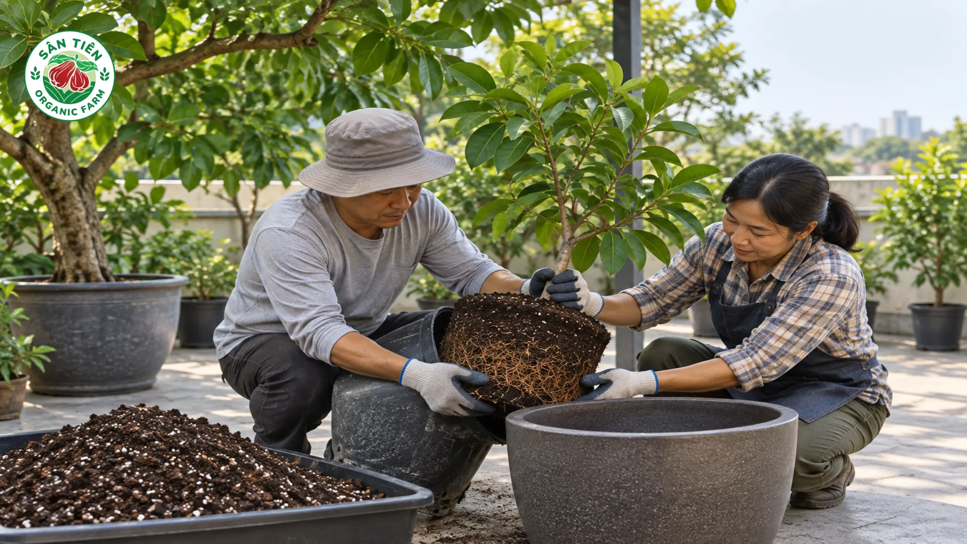 Chậu đủ lớn, thoát nước tốt và giá thể tơi xốp giúp bộ rễ mận phát triển khỏe mạnh.