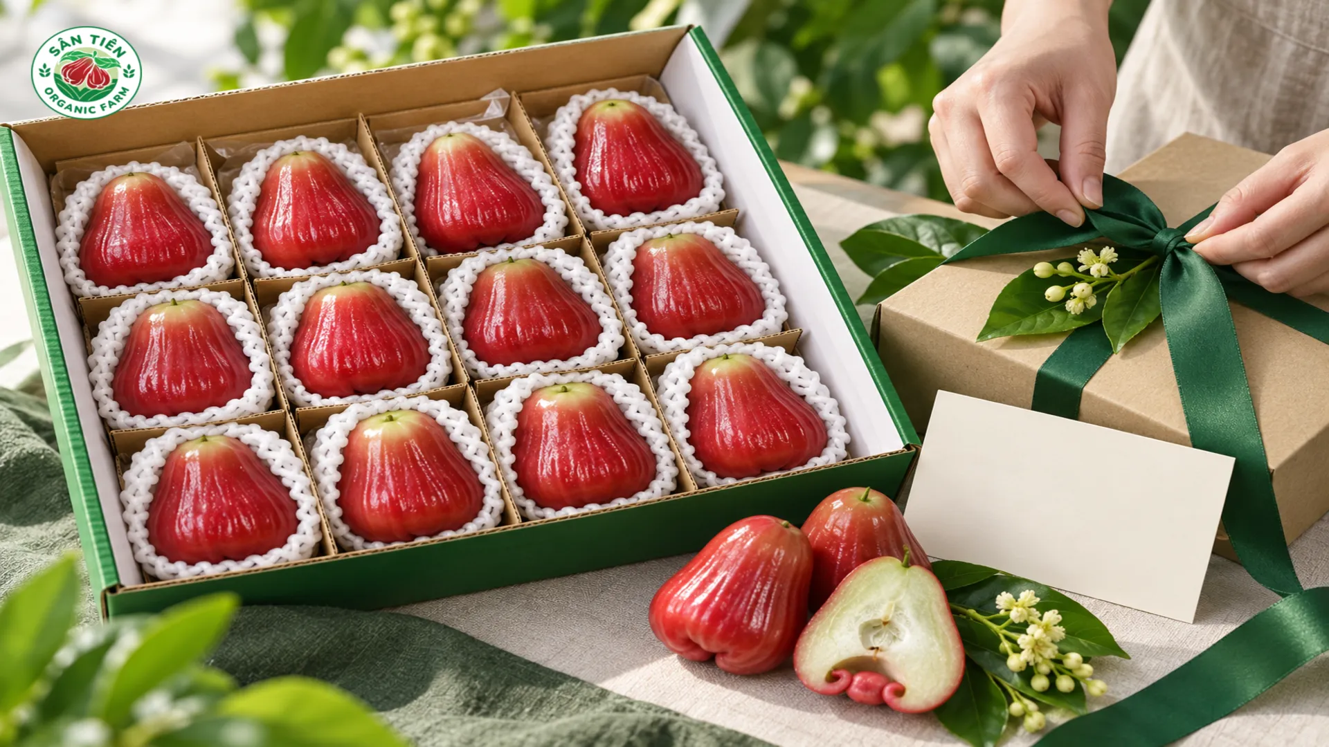 Giftset mận hồng được hoàn thiện chỉn chu theo nhu cầu tặng đối tác, khách hàng.