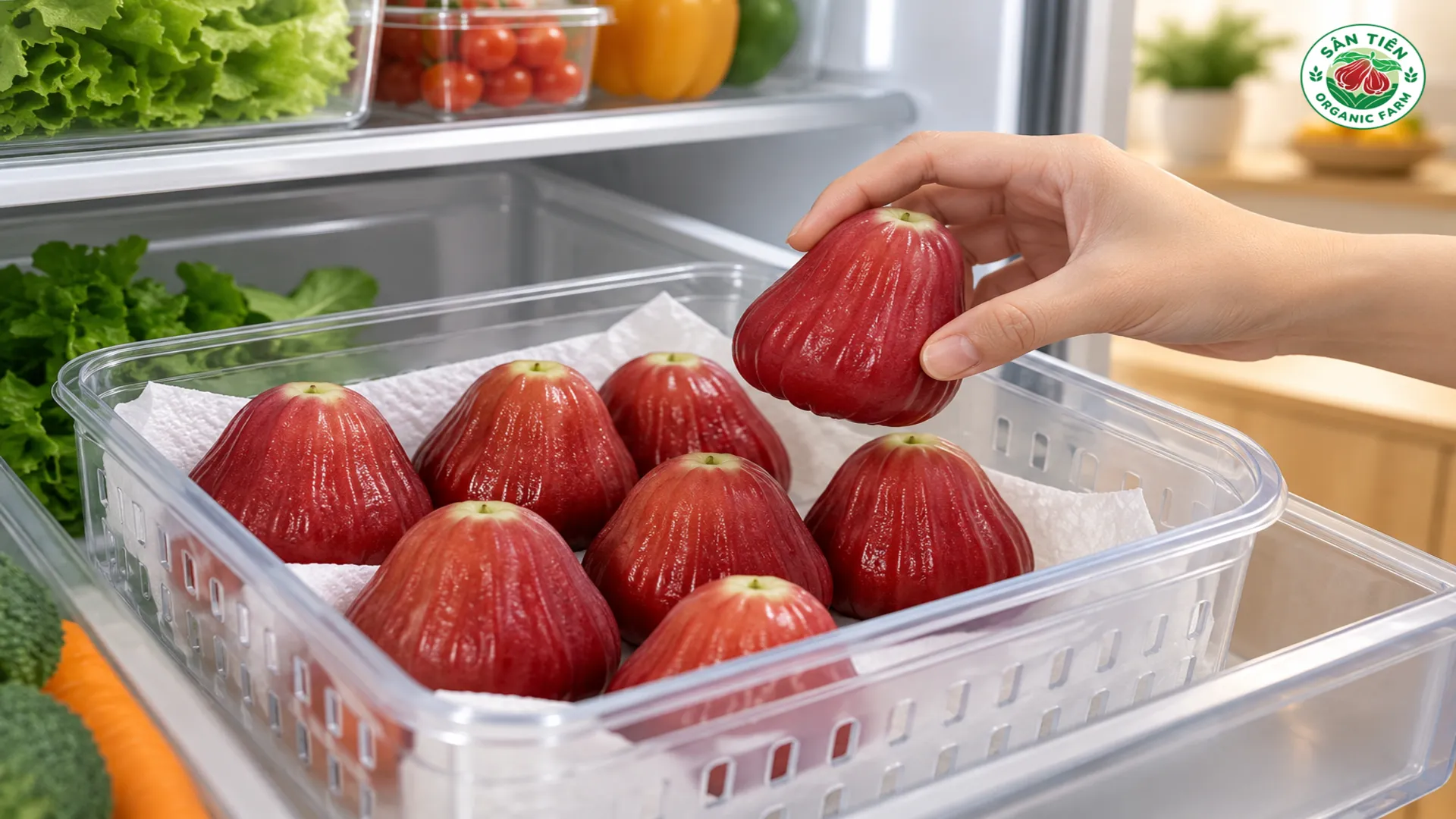 Bảo quản mận trong ngăn mát đúng cách giúp giữ độ tươi, giòn và hình thức đẹp.