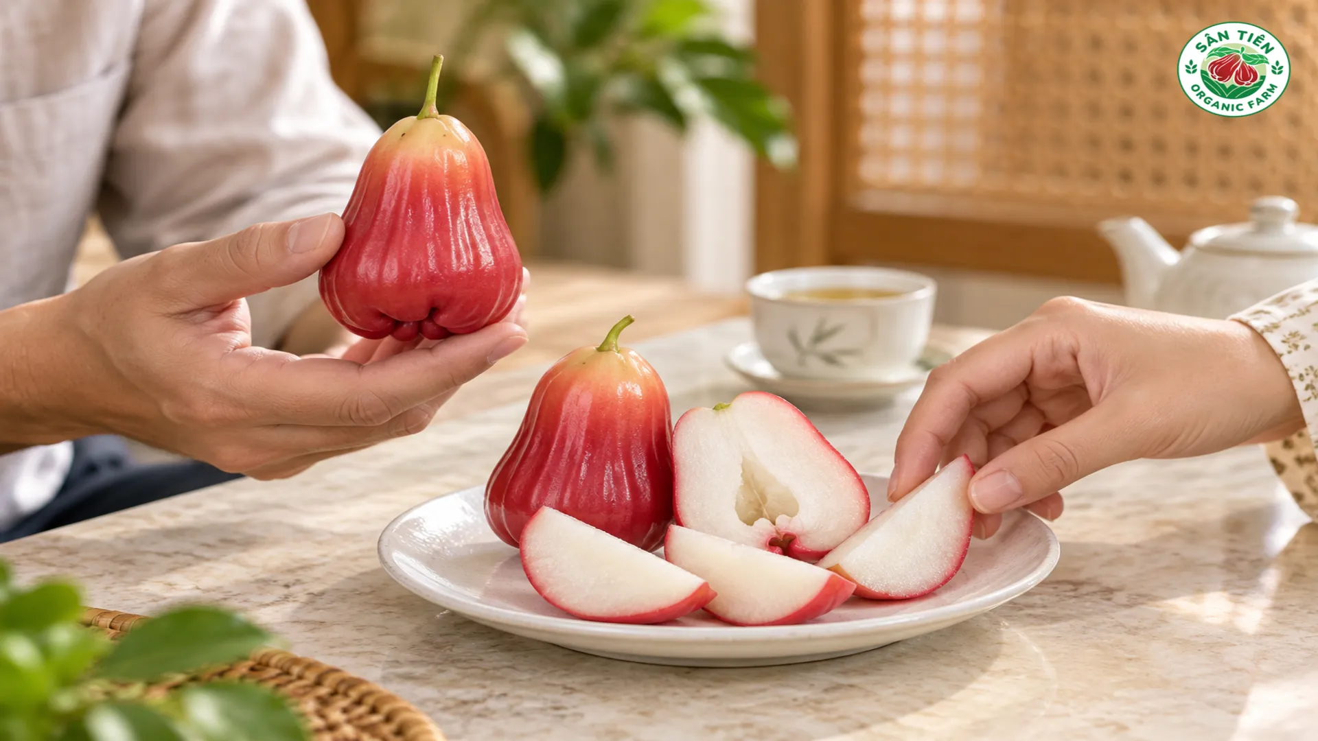 Mận Sân Tiên có phần thịt trắng mọng, độ giòn và vị ngọt thanh phù hợp dùng tươi hoặc làm quà biếu. Mận Sân Tiên có phần thịt trắng mọng, độ giòn và vị ngọt thanh phù hợp dùng tươi hoặc làm quà biếu.